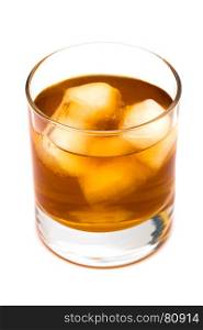 Glass of whisky with an ice on a white background
