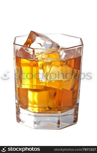 glass of whisky with ice cubes isolated