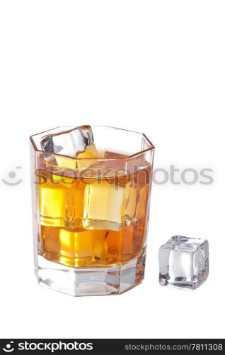 glass of whisky with ice cubes isolated