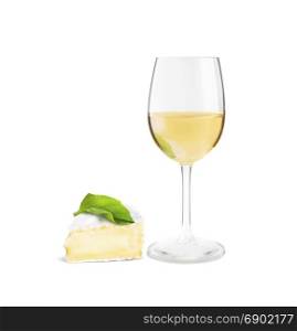 Glass of white wine and a slice of Camembert cheese. Isolated on white background.