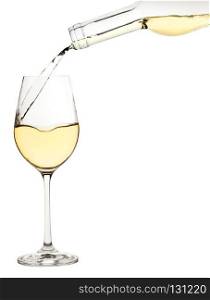 Glass of white wine is poured from a bottle isolated on a white background. Glass of white wine is poured from a bottle