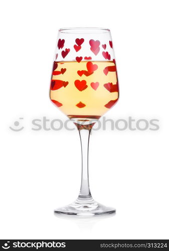 Glass of whitewine with red and pink heart shape for valentine's day on white background