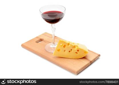 glass of wine and cheese isolated on white background