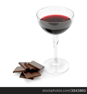 glass of wine and chocolate isolated on white background