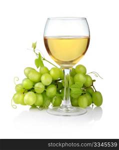 glass of wine and grape branch isolated on white background