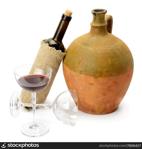 glass of wine, bottle and amphora isolated on white background