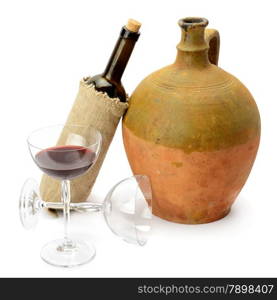 glass of wine, bottle and amphora isolated on white background