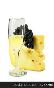 glass of wine with a bunch of grapes on cheese isolated on white background
