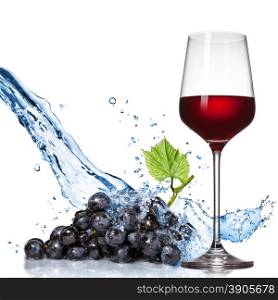 Glass of wine with blue grape and water splash isolated on white