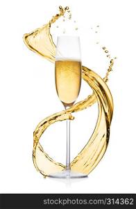 Glass of yellow champagne with splashes and bubbles on white background