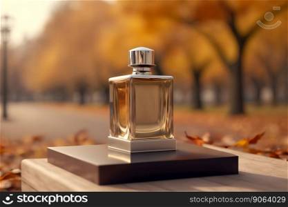 glass perfume bottle against the backdrop of an autumn landscape. Neural network AI generated art. glass perfume bottle against the backdrop of an autumn landscape. Neural network generated art