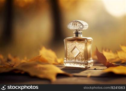 glass perfume bottle against the backdrop of an autumn landscape. Neural network AI generated art. glass perfume bottle against the backdrop of an autumn landscape. Neural network generated art