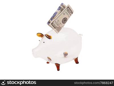Glass piggy bank, with US $100 bill
