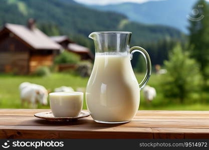 Glass Pitcher with Fresh Milk on Wooden Table with Grazing Cows in Green Valley Background. Generative ai. High quality illustration. Glass Pitcher with Fresh Milk on Wooden Table with Grazing Cows in Green Valley Background. Generative ai