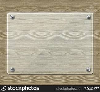 Glass plate on Wood . Abstract glass plate with screws on wood background