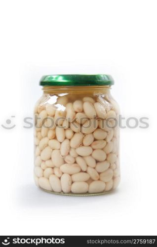 Glass pot of fresh tasty beans on white background