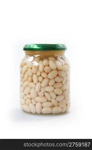 Glass pot of fresh tasty beans on white background