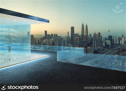 Glass railings and tile floor rooftops with eary morning city skyline background .