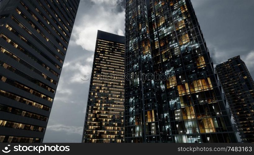 glass skyscrpaer office buildings with dark sky and clouds at storm. Glass Skyscrpaer Office Buildings with dark sky