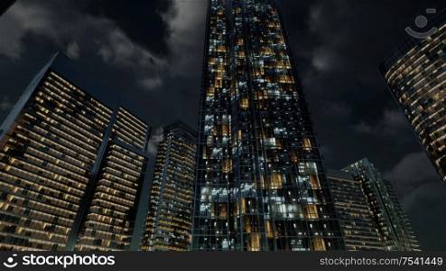 glass skyscrpaer office buildings with dark sky and clouds at storm. Glass Skyscrpaer Office Buildings with dark sky