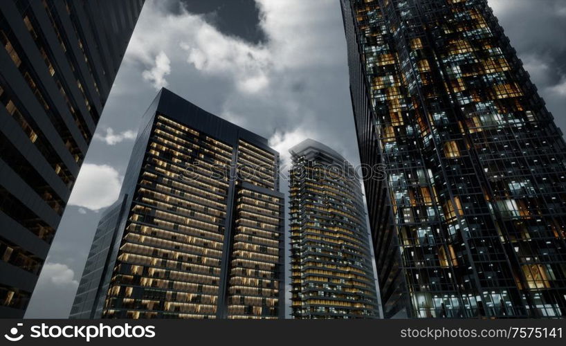 glass skyscrpaer office buildings with dark sky and clouds at storm. Glass Skyscrpaer Office Buildings with dark sky