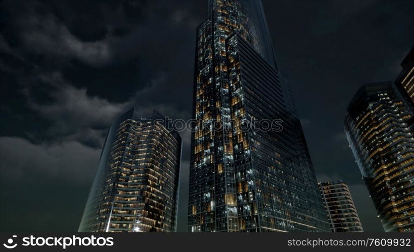 glass skyscrpaer office buildings with dark sky and clouds at storm. Glass Skyscrpaer Office Buildings with dark sky