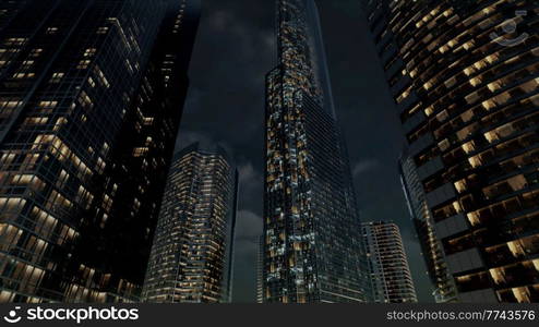 glass skyscrpaer office buildings with dark sky and clouds at storm. Glass Skyscrpaer Office Buildings with dark sky