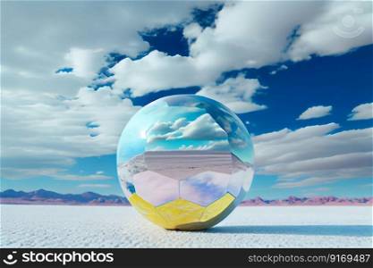 glass sphere with cloud reflections salt flat
 illustration Generative AI.