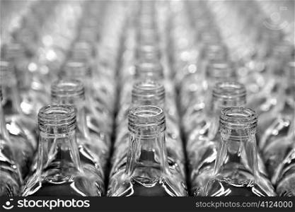 Glass square transparent bottles, factory lines and rows