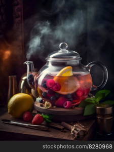 Glass teapot filled with fruit tea. Generative AI. High quality illustration. Glass teapot filled with fruit tea. Generative AI