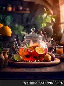 Glass teapot filled with fruit tea. Generative AI. High quality illustration. Glass teapot filled with fruit tea. Generative AI