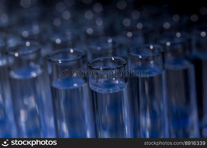 Glass test tubes filled with liquid on rack for an experiment in science research lab