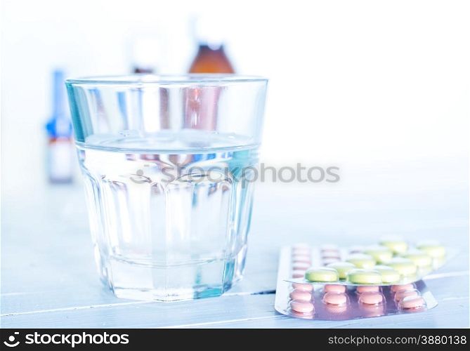 glass water and pill on a table