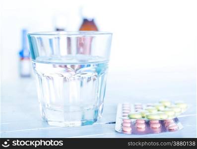 glass water and pill on a table