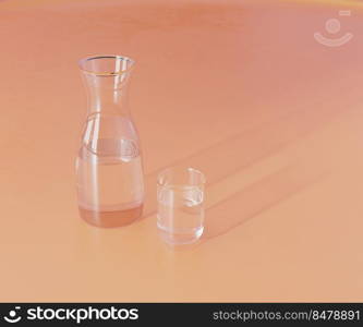 Glass water bottle and glass on orange background, 3d rendering