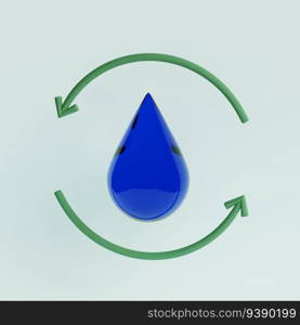 Glass water drop with green arrows around. Renewable natural resource, water recycling, ecology concept. 3d render illustration