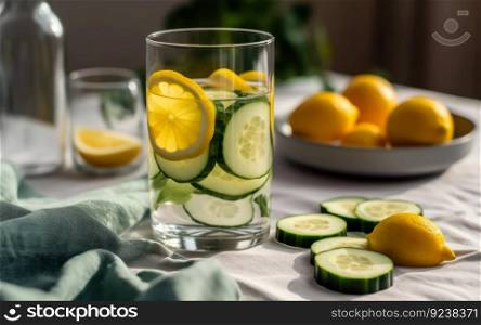 glass water with lemon and cucumber slices on the table generative ai.