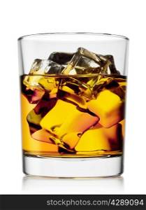 Glass whiskey with ice isolated on white background