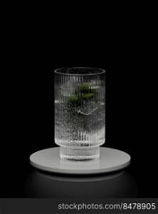 Glass with cool water with ice and m∫≤aves on black background, 3d render