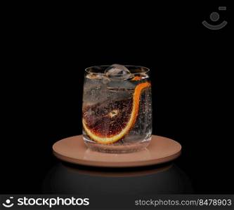 Glass with drink, ice, citrus fruit slice on black background, cocktail concept, 3d  rendering