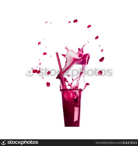 Glass with drinking straw and purple splash summer beverage: smoothie or juice, isolated on white background, front view