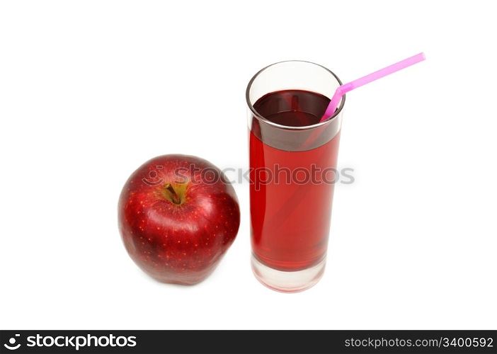 Glass with juice and apple isolated on a white