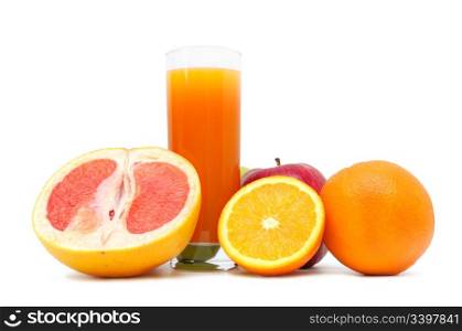 Glass with juice and fruits isolated on a white background