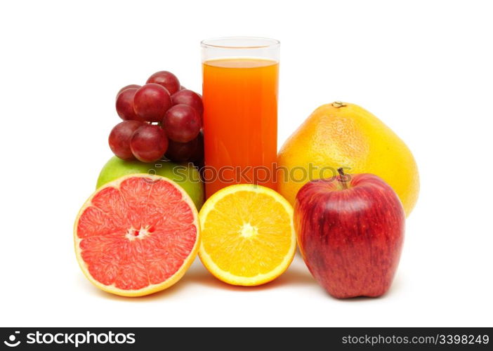 Glass with juice and fruits isolated on a white background