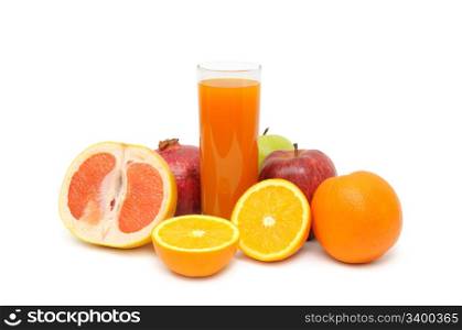 Glass with juice and fruits isolated on a white background