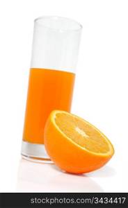 Glass with juice and orange isolated on a white background
