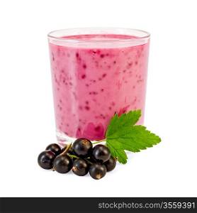 Glass with milkshake, berries and a green leaf of a black currant it is isolated on a white background