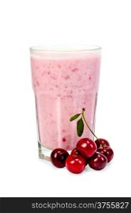 Glass with milkshake, cherries isolated on white background