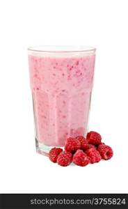 Glass with milkshake, raspberry isolated on white background