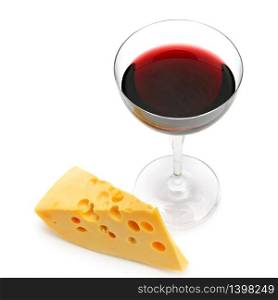 Glass with red wine and a slice of cheese Isolated on a white background.